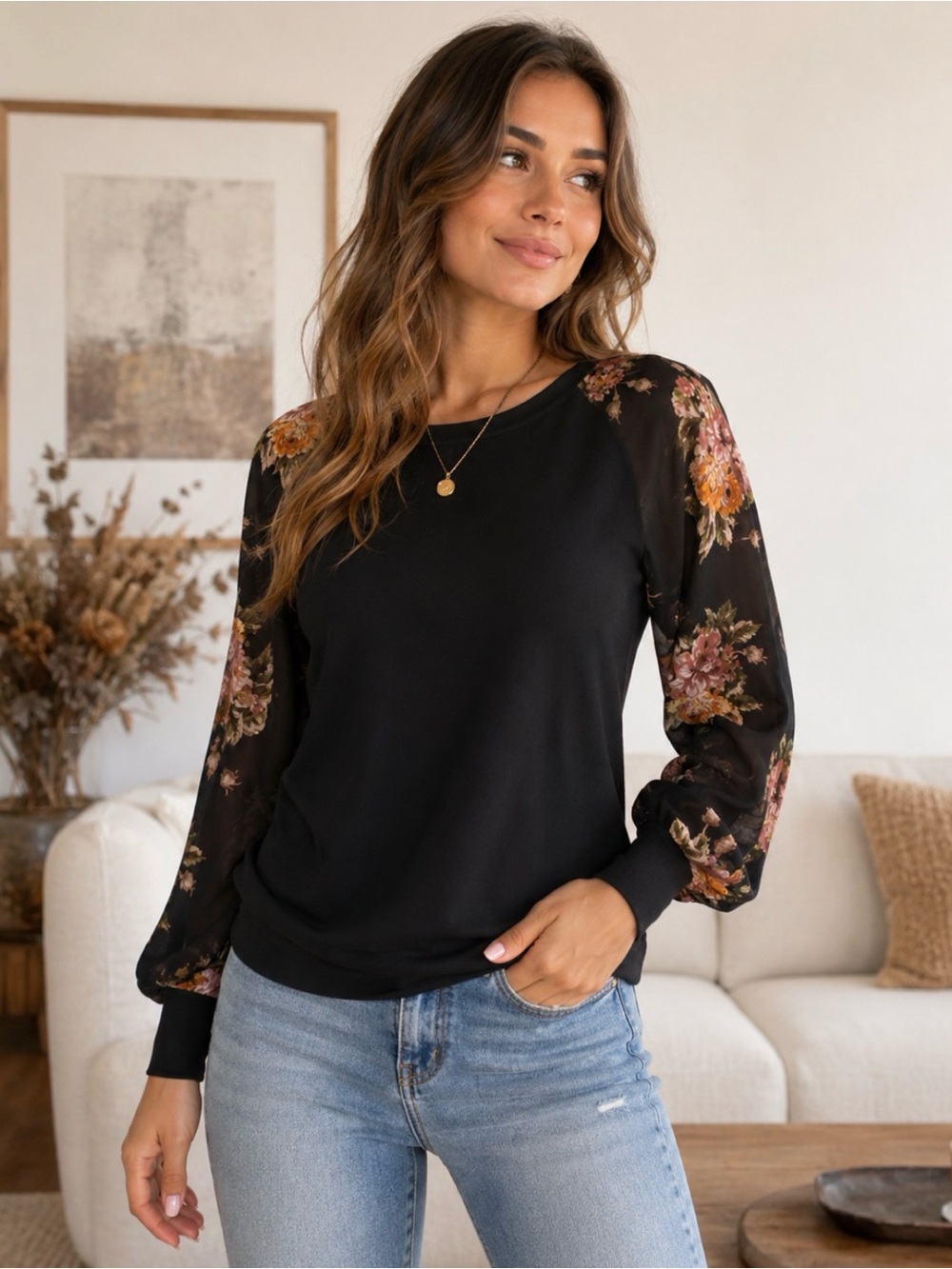 SHEIN Black Top with Floral Sheer Sleeves